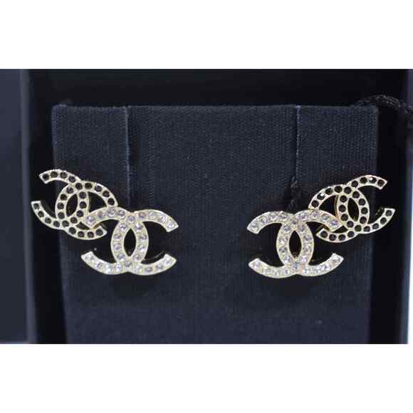 Chanel 22B Gold Black Crystal CC Double Logo Large Dangle Statement Stud Earring - Picture 3 of 12